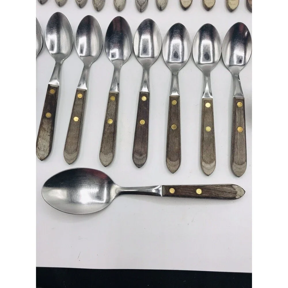 Town & Country USA Vintage Flatware Set 31 Pc Wood Handle Stainless Knives Forks